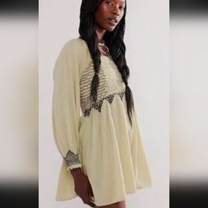 Free People Smocked Long Sleeve Mini Dress with Contrast Trim
